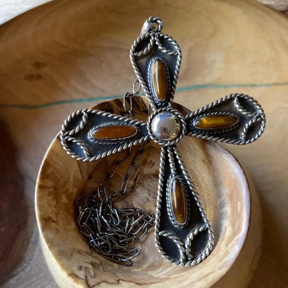 Outstanding Sterling & Tiger’s Eye **BIG** Statement Cross Necklace Mexi…